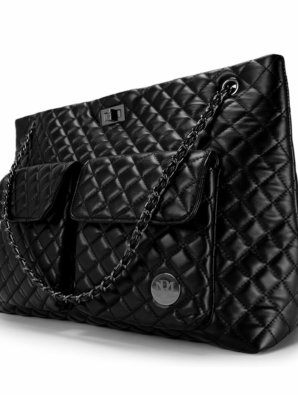 Quilted Black Chain-Handle Tote Bag with Front Pockets